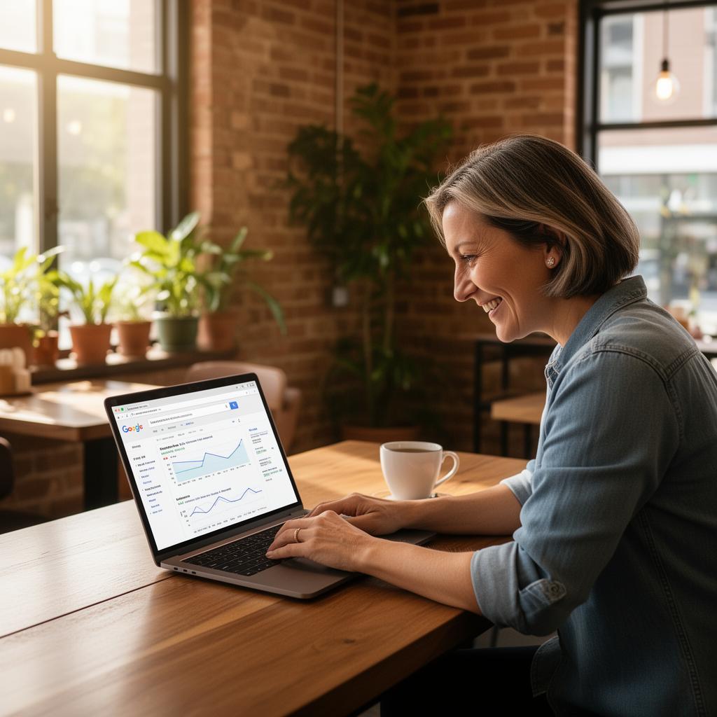 Brisbane business owner checking SEO rankings on laptop