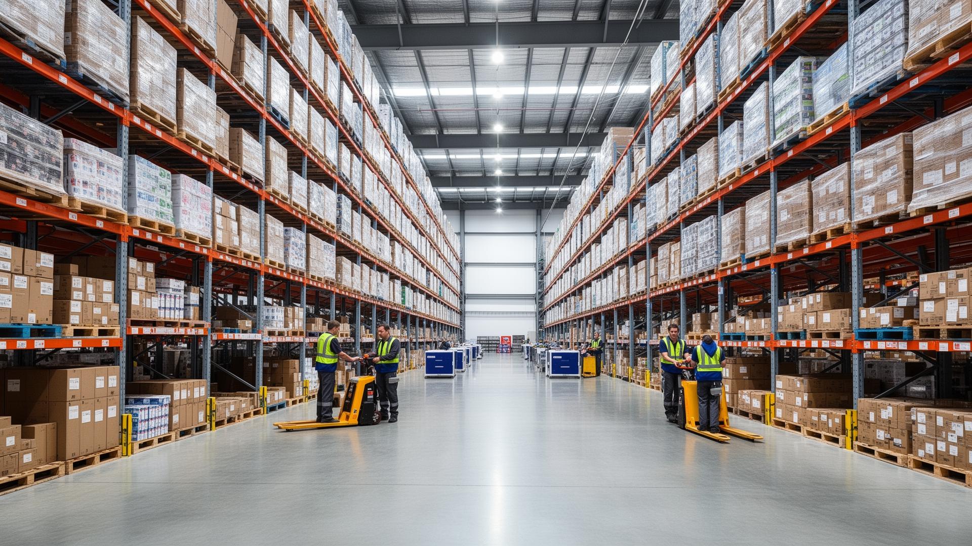 Large e-commerce warehouse with shelving and workers