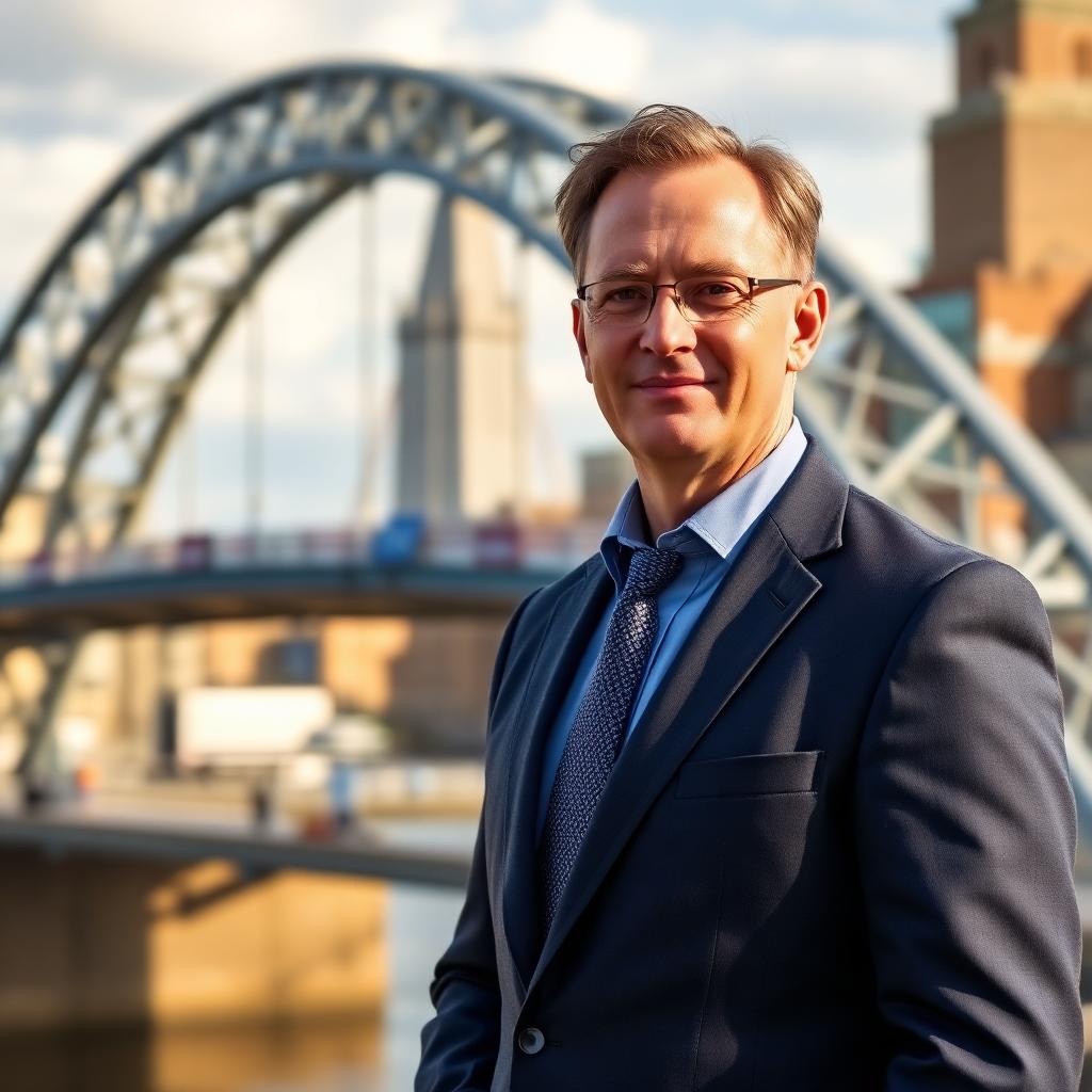 Newcastle business owner with Tyne Bridge in background
