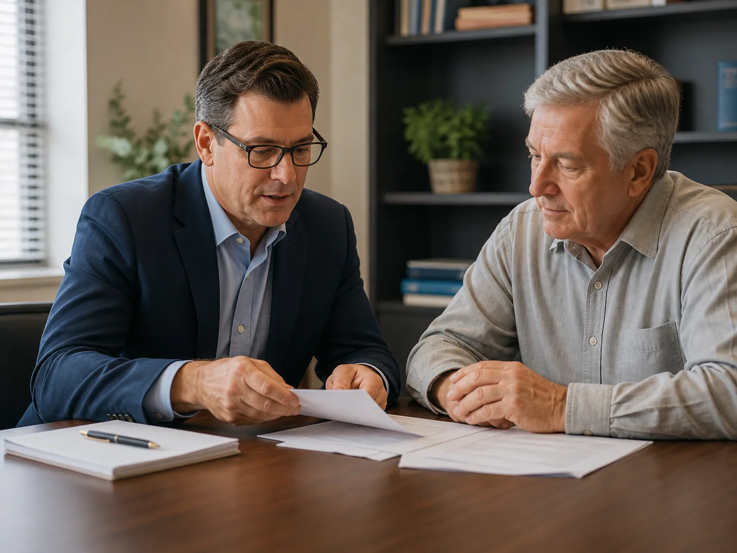 Social Security disability attorney reviewing appeal documents with an older client