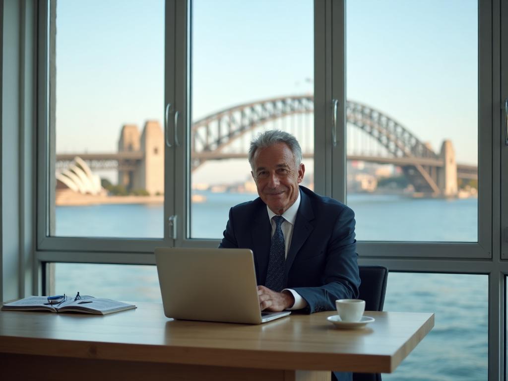 Sydney business owner with Harbour Bridge and Opera House view