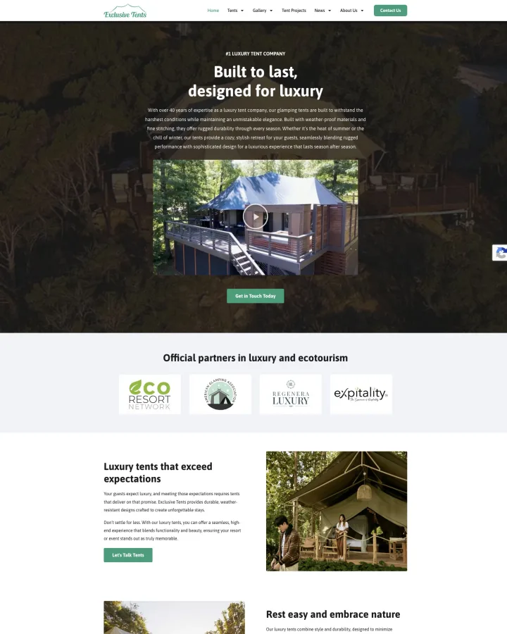 Exclusive Tents luxury tent company website shown from header to footer