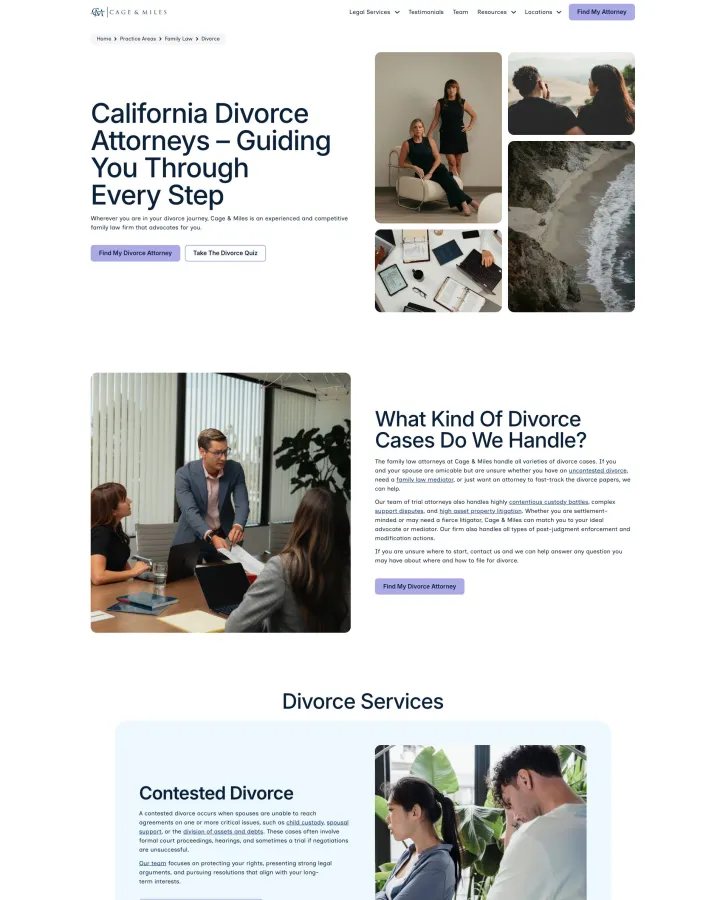Cage and Miles California divorce attorney website shown from header to footer