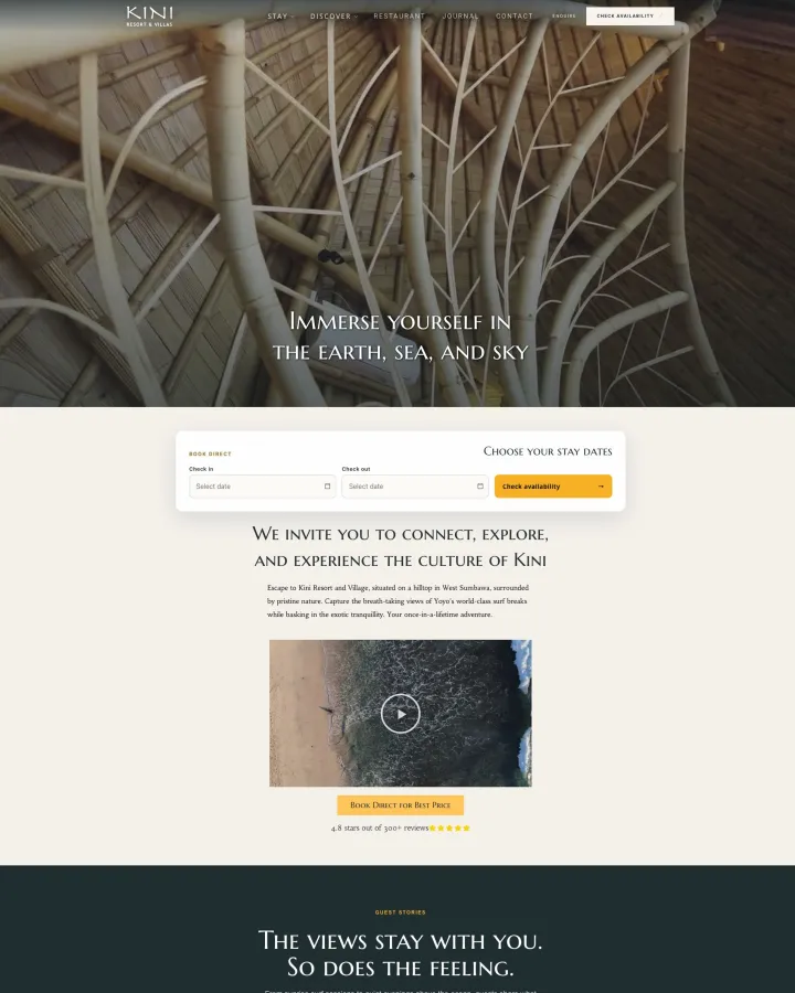 Kini Resort and Villas Sumbawa website shown from header to footer