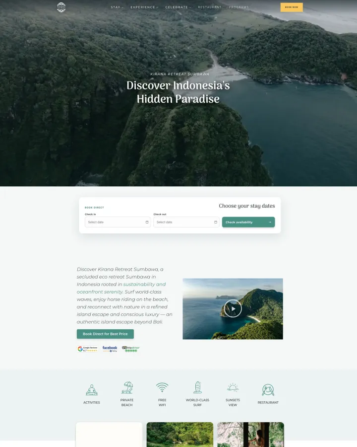 Kirana Retreat Sumbawa website shown from header to footer