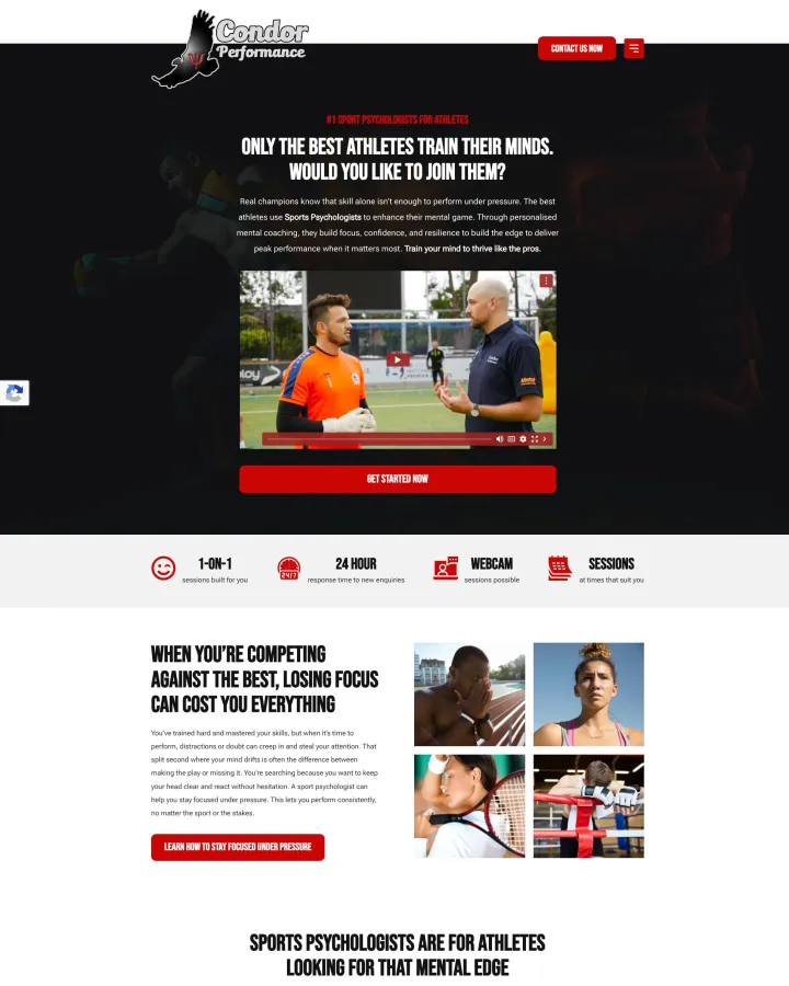 Condor Performance sports psychology website shown from header to footer