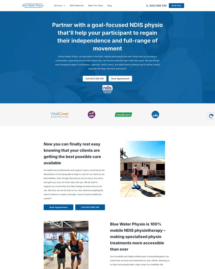 Blue Water Physio NDIS referral landing page shown from header to footer