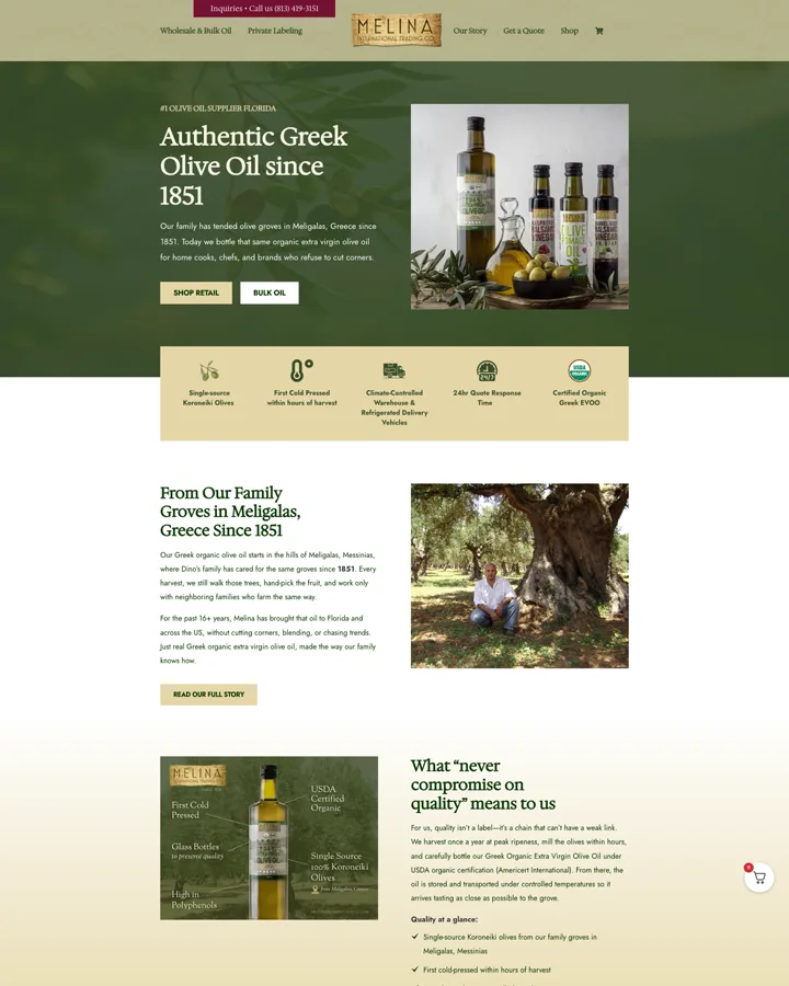 Melina International olive oil supplier website shown from header to footer