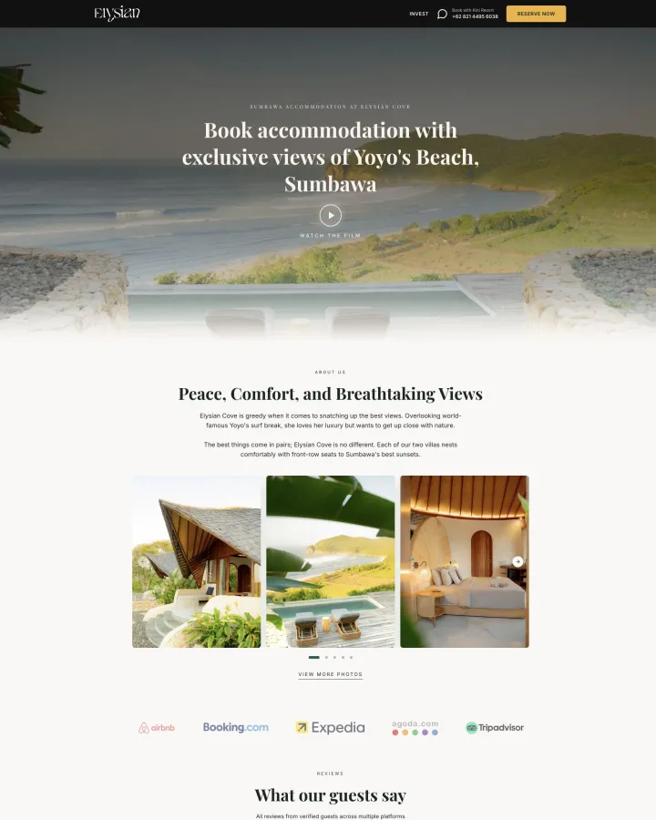 Elysian Cove Sumbawa accommodation website shown from header to footer