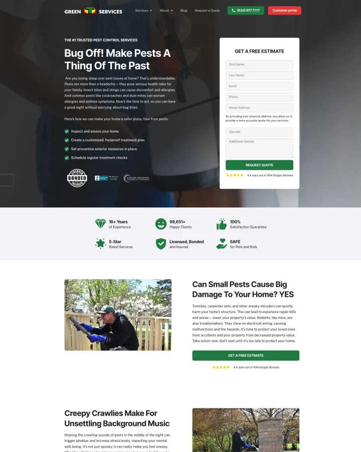 Green T Services pest control website shown from header to footer