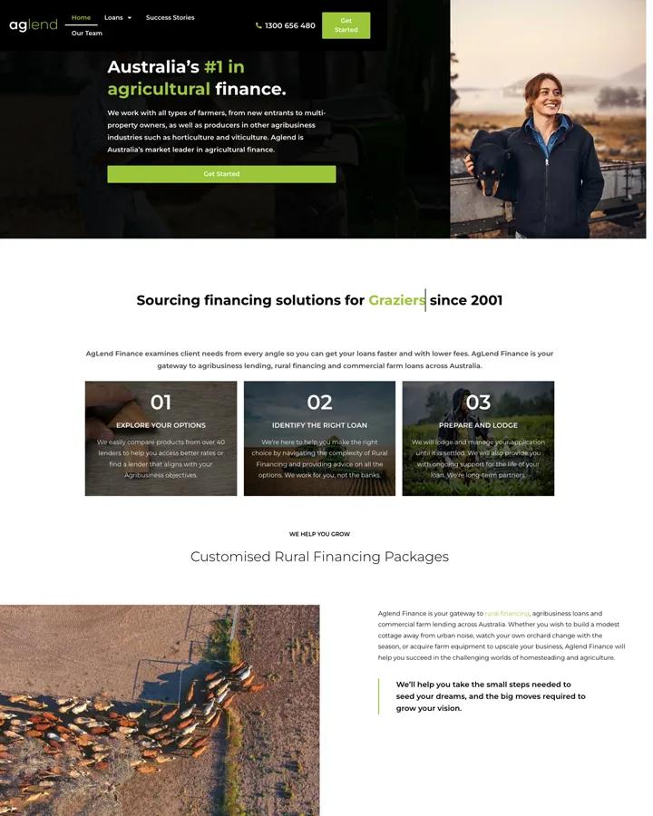 Aglend Finance agricultural lending website shown from header to footer