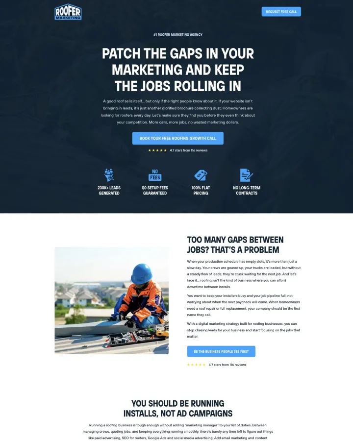 Roofer Marketing agency website shown from header to footer