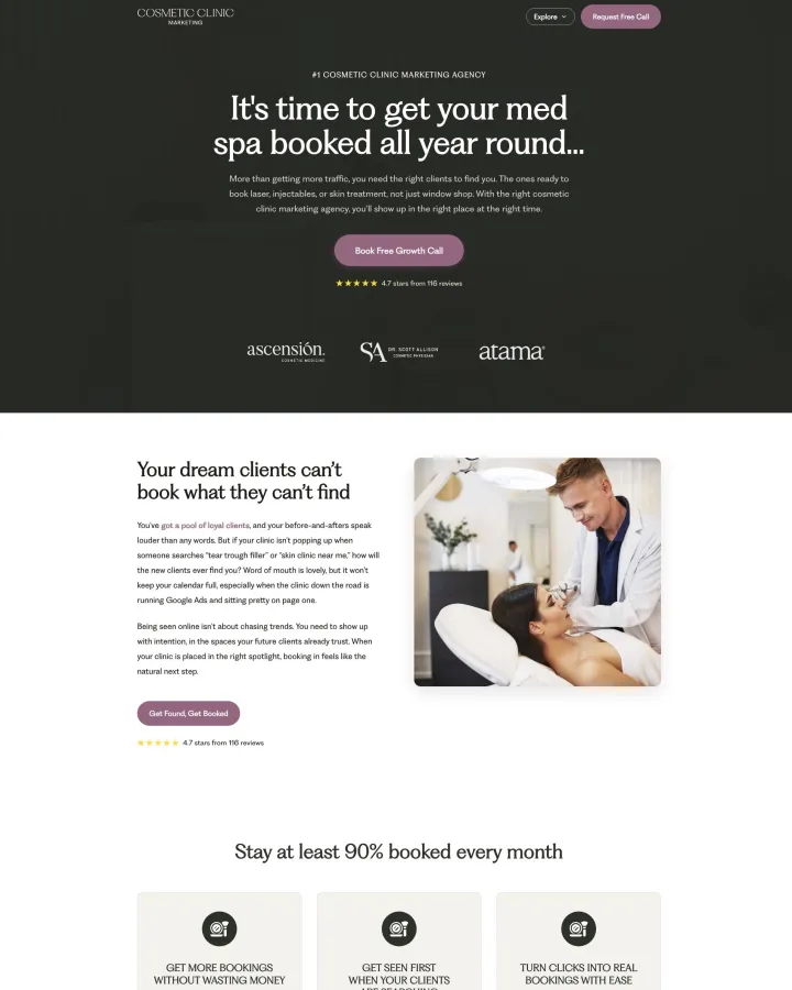 Cosmetic Clinic Marketing agency website shown from header to footer