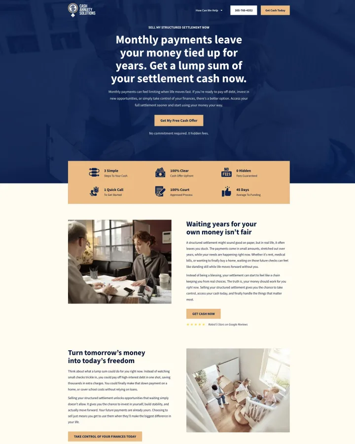 Cash Annuity Solutions structured settlement website shown from header to footer