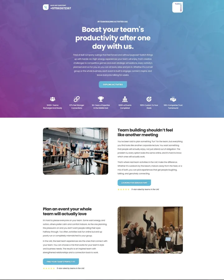Team Building UAE corporate events website shown from header to footer