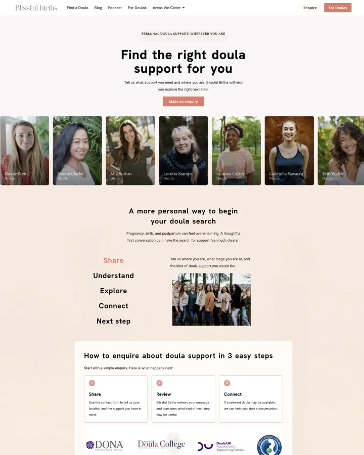 Blissful Births doula directory website shown from header to footer