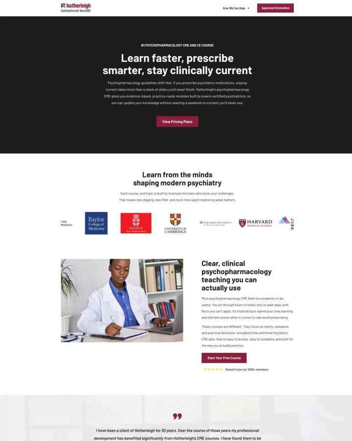 Hatherleigh psychopharmacology CME course website shown from header to footer