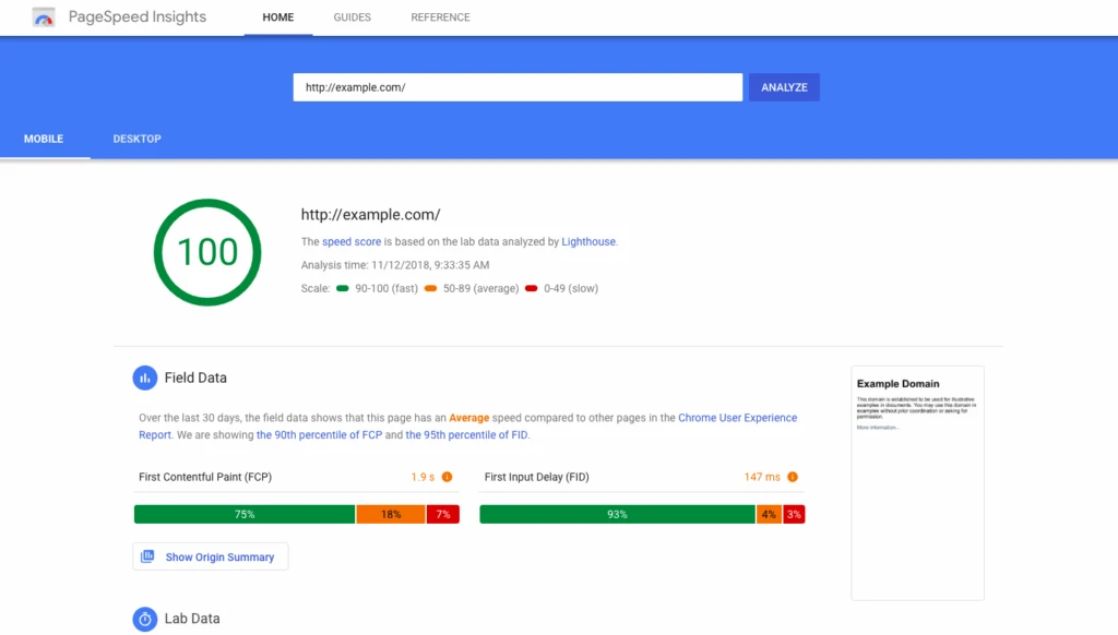 screenshot of a perfect 100 score on google pagespeed insights for example.com, demonstrating high web performance metrics â essential for enhancing user experience and boosting visibility in voice search local seo.