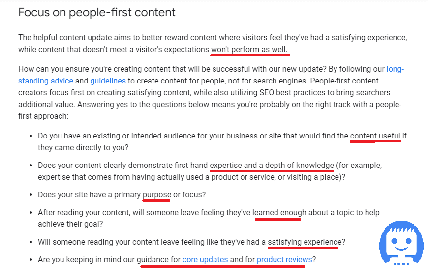 image depicting google's guidelines for creating helpful content. the guidelines emphasize the importance of prioritizing people-first content that is useful, demonstrates expertise and depth of knowledge, and serves a defined purpose.