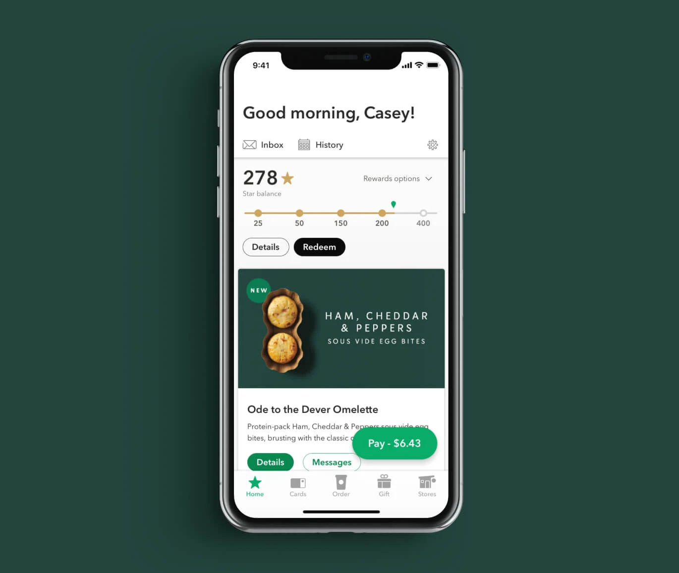 Smartphone displaying a loyalty program app with star balance, showing a featured item to increase what AOV means.