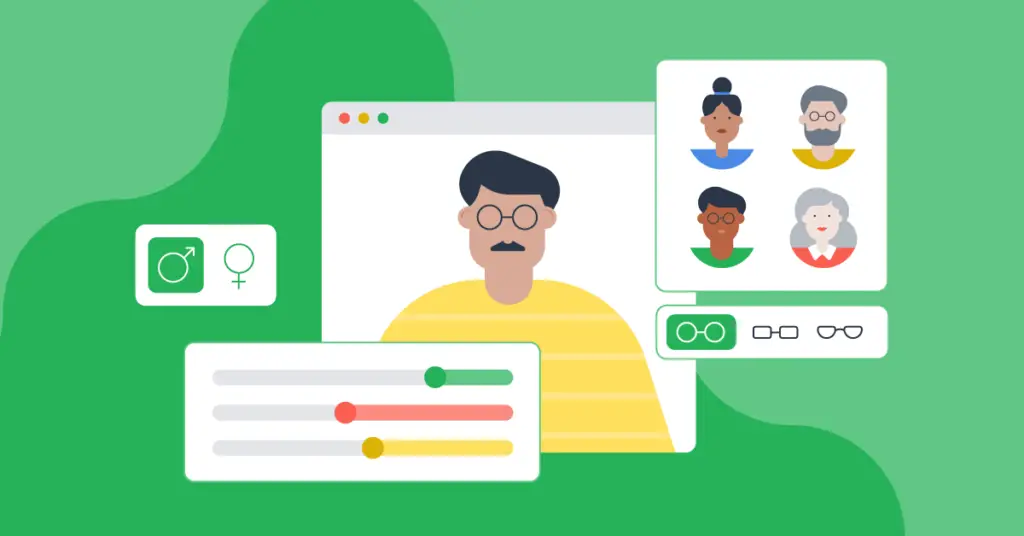a colorful illustration depicting the creation of a marketing persona by personalizing it based on gender and preferences.
