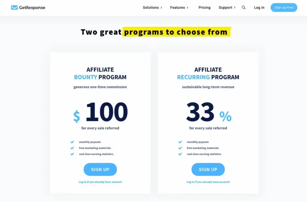 GetResponse affiliate program comparison showing bounty and recurring options, part of a sales website optimisation strategy.