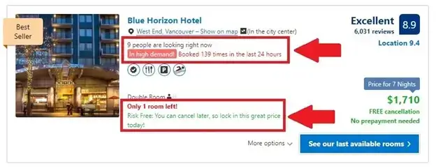 Hotel booking page showing scarcity tactics like 'Only 1 room left!' to boost sales, a key website optimisation strategy.