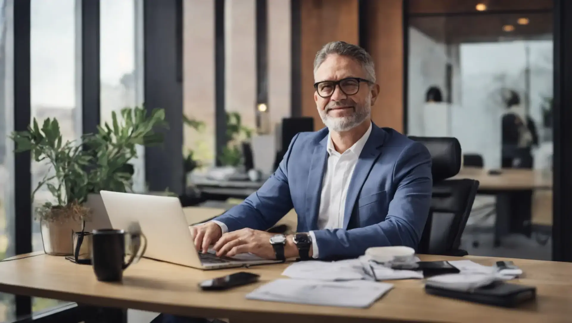 A person in a suit thinking deeply, with a blurred office background, contemplating hiring a fractional CMO