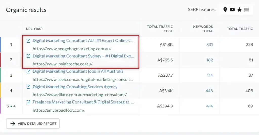 Organic search results table showing URLs, traffic cost, keywords, and total traffic for digital marketing consultant and fractional CMO jobs.
