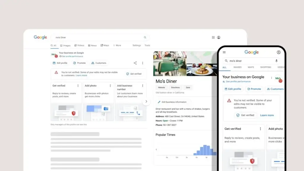 screenshots of a local diners google my business profile showcasing effective sem for local businesses in action