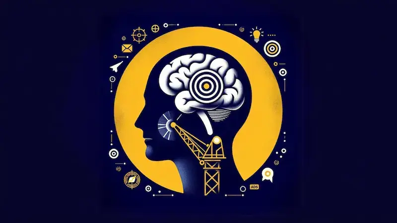 A designer's hand placing an ad concept featuring a lightbulb idea onto a billboard to illustrate the psychology of advertising
