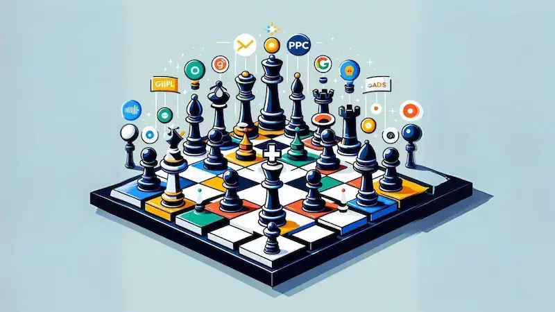 A woman points at a laptop screen filled with Google Ads data and competitor logos, describing three ways to target their audiences
