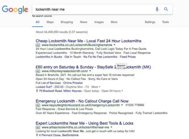 search engine results page (serp) for locksmiths in the uk with various listings and their website links displayed. 