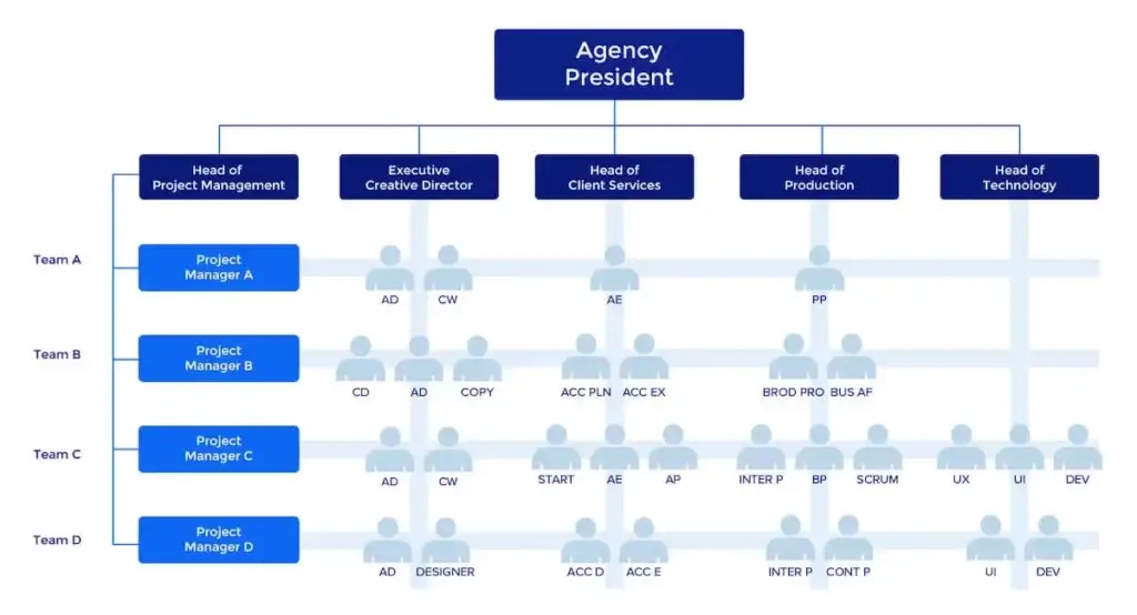 a hierarchy chart for a typical agency, starting with the agency president at the top and branching out to various positions such as the head of project management, executive director, head of client services, head of production, and head of technology.