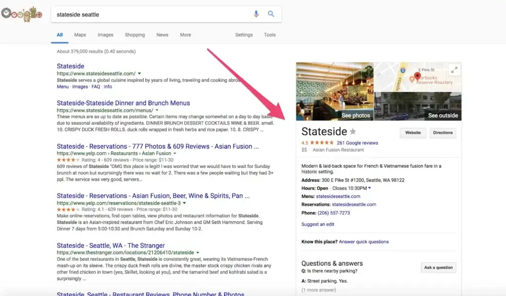 a screenshot of a google search result displaying a local search for "stateside seattle" on the right-hand side of the screen. the local search includes information such as the business's address, phone number, website, and reviews. this information is helpful for users who are looking for local businesses and want to learn more about them. 