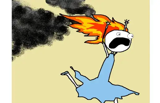 An illustration of a person with their hair on fire, representing a dire situation where immediate action is necessary to achieve a desired outcome. The person's goal is to extinguish the flames and prevent further damage. This image is a metaphor for urgent and critical situations where quick and effective action is essential to reach a desired outcome. 