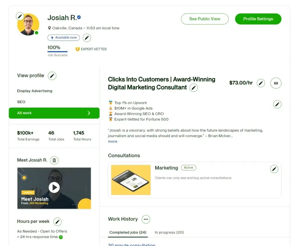 an example of the upwork profile of josiah roche