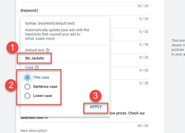 applying the dynamic keyword insertion feature in the ad copy setup