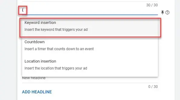 select keyword insertion from the dynamic insertion dropdown selection