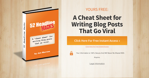 the image shows a digital book with the title "52 headline hacks" in bold letters, against an orange background. it's a good example of a lead magnet used to attract potential customers.
