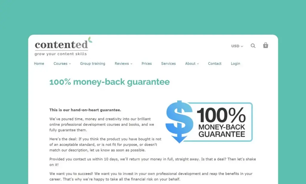 contented 100% money-back guarantee page